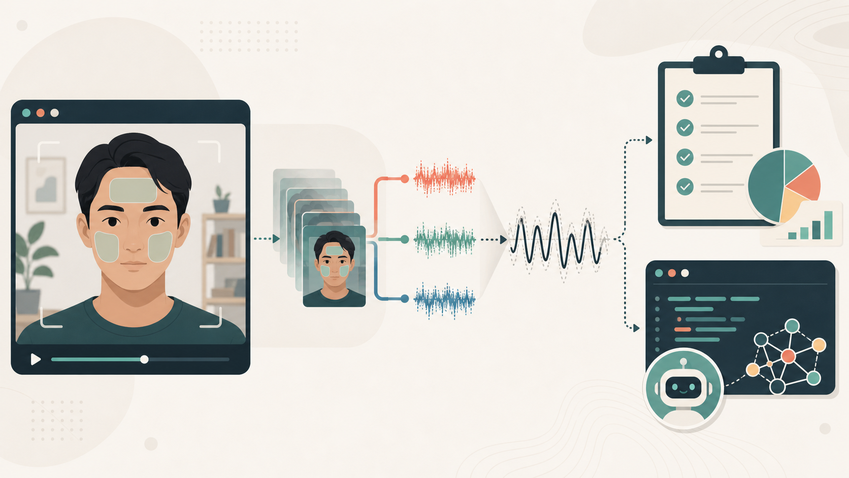 Conceptual rPPG workflow showing face video frames, color traces, a pulse-like waveform, and validation artifacts.
